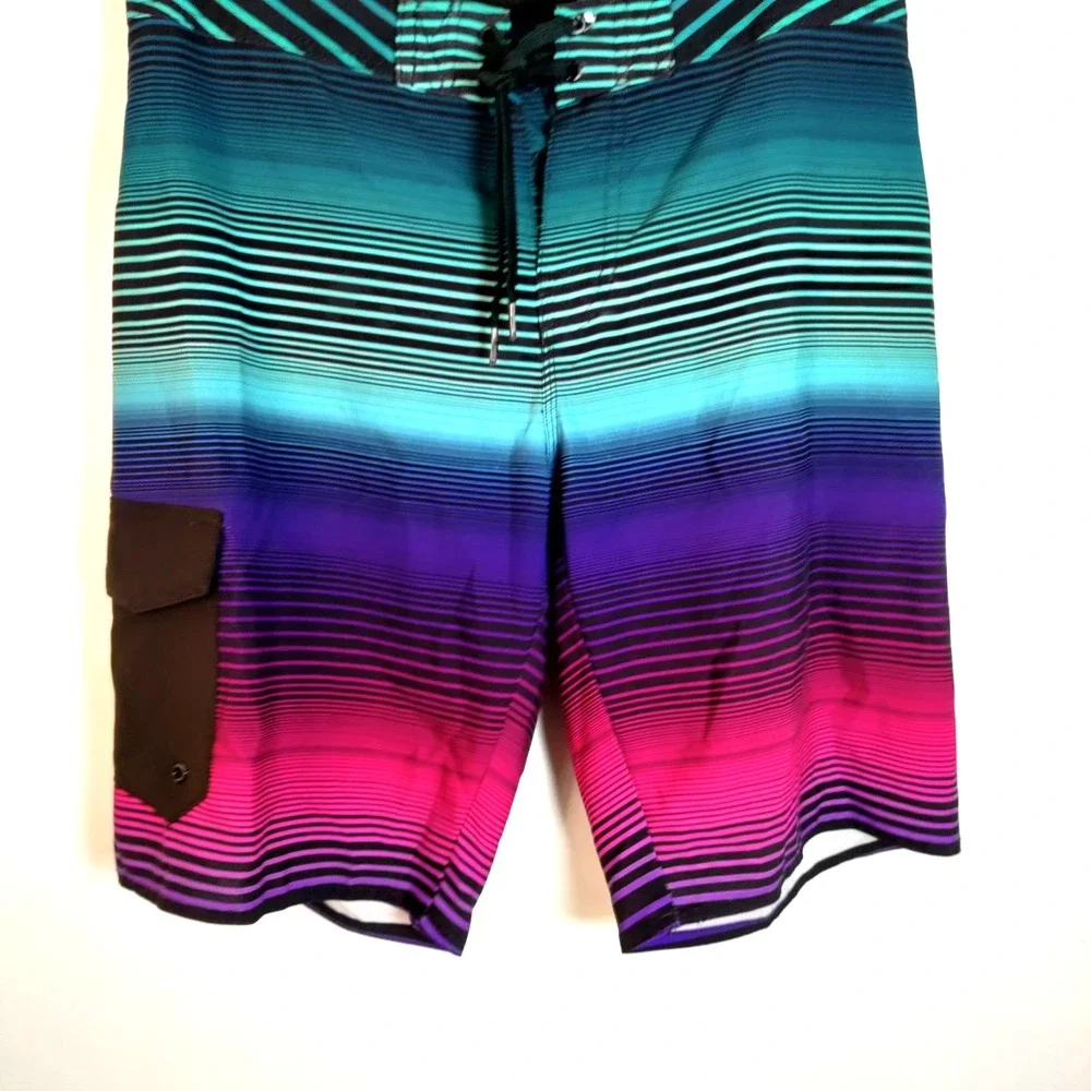 Hang Ten Board Ombre‎ Striped Tropical Lined Aloha Swim Surfboard Shorts Men 32